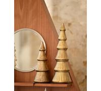 WONDROUS' DECO Wooden Christmas Tree Figurine, Tabletop Gold Tree Figurine, Set of 2 Desk Centerpieces for Christmas Decor