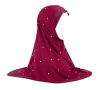 Wonen Malaysian Head Cover Instant Scarf One Piece Muslim Hijab Prayer Worship Headscarf Beads Pearl Hat 05 Red