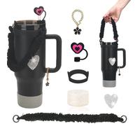 Wongeto Stanley Cup Accessories Set for 40oz & 30oz Tumblers,Including Water Bottle Handle Strap, Silicone Boot, Stanley Heart Straw Cover, Sticker & Handle Charm for Women Girls(Black)