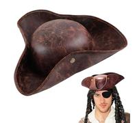 Wongify Pirate Hat, Brown Distressed Leather Colonial Tricorn Pirate Hat for Adults, Halloween Brown Novelty Hat Costume Accessory for Theme Party Cosplay