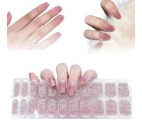 Wongify Semi Cured Gel Nail Strips with French Tip, Glitter Design 22 Pieces - Long Lasting, Easy to Apply and Remove, Includes Prep Pads, Nail File and Wooden Stick for Women Salon Use