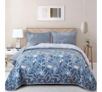 WONGS BEDDING Blue Quilt Set Queen Size,3 Pieces Navy Blue Floral Bedspread Coverlet Set,Soft Microfiber Lightweight Floral Bedding Set Queen 96"x90"
