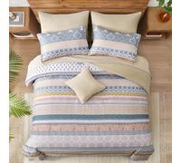 WONGS BEDDING Bohemian King Size Duvet Cover Set Beige Khaki Colorful Boho Striped Bedding Set with 2 Pillowcases Soft Microfiber Moroccan Quilt Cover 220x230cm