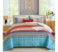 WONGS BEDDING Bohemian Quilt Set King Size, Boho Striped Printed Bedding Bedspread Coverlet Set for All Season, Lightweight Microfiber Quilts with 2 Pillowcases 104"x90" (3 Pieces, Colorful)