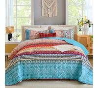 WONGS BEDDING Bohemian Quilt Set King Size, Boho Striped Printed Quilts Bedspread Set for All Seasons, Lightweight Microfiber Coverlet Bedding Set with 2 Pillowcases 104"x90" (3 Pieces, Colorful)