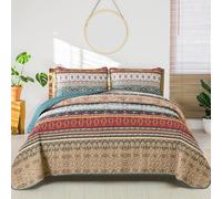 WONGS BEDDING Boho King Quilt Set, Green and Brown Bohemian King Quilt Bedding Set, Lightweight Microfiber Bed Decor Bedspread for All Season 103"x90"(3 Pieces)