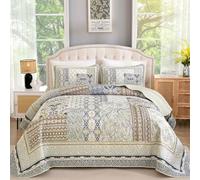 WONGS BEDDING Boho Quilt Set King, 3 Pieces Beige Patchwork Bedspread Coverlet Set,Soft Lightweight Microfiber Bohemian Floral Pattern Bedding Set with 2 Pillowcases for All Season (104"x 90")