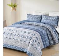 WONGS BEDDING Boho Quilt Set King, Blue Bohemian Striped Patchwork Bedspread Coverlet Set with 2 Pillowcases,Lightweight Microfiber Floral Bedding Set 104''×90''