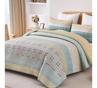 WONGS BEDDING Boho Quilt Set King, Oliver Green Bohemian Striped Patchwork Bedspread Coverlet Set with 2 Pillowcases,Lightweight Microfiber Floral Bedding Set 104"×90"