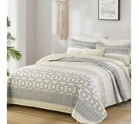 WONGS BEDDING Boho Quilt Set King Size,Beige Bohemian Striped Patchwork Summer Bedspread Set,3 Pieces Microfiber Bedding Set for All Seasons (104"×90")