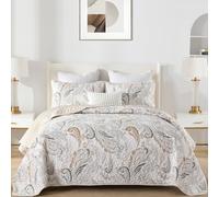 WONGS BEDDING Boho Quilt Set King Size,Beige Paisley Floral Pattern Bedspread Coverlet Set with 2 Pillowcases,Lightweight Microfiber Bohemian Quilt Bedding Set 104"×90"