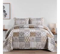WONGS BEDDING Brown Quilt Set King Size, Patchwork Plaid Bedspread Bedding Sets Paisley Soft Microfiber Quilts for King Bed 3 Pieces Coverlet Set for All Season (104"x90")