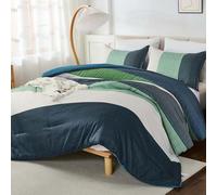 WONGS BEDDING Comforter Set King Size, 3 Pieces Blue Striped Patchwork Comforter for King Bed, Soft Microfiber Reversible Bedding Set for All Season (104"x90")