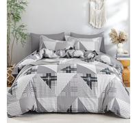 WONGS BEDDING Duvet Cover Set Double Grey Geometric Plaid 3-Piece Bedding Set-Soft Microfiber Bed Linen for Bedroom Decor (200x200cm)