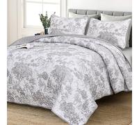 WONGS BEDDING Grey Quilt Set Queen Size, 3 Pieces Botanical Bedspreads Set Lightweight Microfiber Grey Toile Plants Pattern Coverlet Home Decor for All Seasons(96"×90")