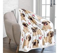 WONGS BEDDING Pug Throw Blanket Reversible Pug Dog Pattern Printed Sherpa Blanket for Kids Teens Adults Soft Warm Microfiber Fleece Solid Blanket for Bed Couch and Travel 130x150 cm