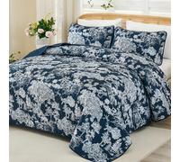 WONGS BEDDING Quilt Set King Size, 3 Pieces Navy Blue Botanical Floral Printed Bedspread Coverlet Set Soft Lightweight Toile Plants Bedding Set for All Season (104"x90")