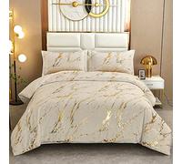 WONGS BEDDING - Shiny Metallic Gold and Khaki Marble Print Duvet Cover Set Queen Size, 2 Pillow Cases, Soft Microfiber Fill, 90" x 90"