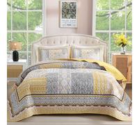 WONGS BEDDING Yellow Quilt Set King Size,Bohemian Patchwork Bedspread Coverlet Set, Reversible Boho Floral Pattern Bedspreads Bedding Quilt Set for All Seasons (104"x90")