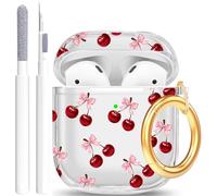 Wonjury Protective Clear Floral Case Cover with Cleaner Kit Portable Shockproof Women Girls with Keychain for Apple Airpods 2/1 Charging Case - Clear/WindRed Cherry