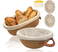 wonkeken 2 Set Bread Proving Basket with Liner & Cover (25cm/10 inch Round + 28cm/11 inch Oval) banneton 1 Dough Scraper for Sour Dough Bread Baking, Artisan Bread Making for Professional and Home Bak