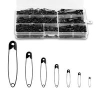 Wonkeken 650 Pcs Black Safety Pins Assorted 7-Sizes - Nickel Plated Steel Large & Small Pins for Clothes, Art & Crafts