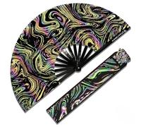 WONKIWEAR Fan, Folding Handheld, Flash Reflective, Large Strong Black Bamboo. Unisex for Rave, Festival, Concert, Drag, Gay Pride (Flash Swirl Fan AND Holster, Large)