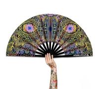 WONKIWEAR Fan, Folding Handheld, Glow UV Reactive Design, Large Strong Black Bamboo. Unisex for Raves, Festivals, Concerts, Drag, Gay Pride (UV Matrix Mind, Large)