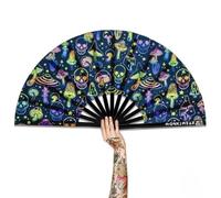 WONKIWEAR Fan, Folding Handheld, Glow UV Reactive Design, Large Strong Black Bamboo. Unisex for Raves, Festivals, Concerts, Drag, Gay Pride (UV Skulls and Mushrooms, Large)
