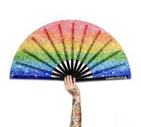 WONKIWEAR Fan, Folding Handheld, Glow UV Reactive Design, Large Strong Black Bamboo. Unisex for Raves, Festivals, Concerts, Drag, Gay Pride (UV Rainbow Glitter, Large)