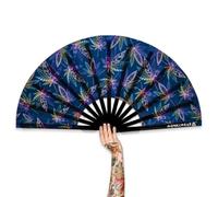 WONKIWEAR Fan, Folding Handheld, Glow UV Reactive Design, Large Strong Black Bamboo. Unisex for Raves, Festivals, Concerts, Drag, Gay Pride (UV Leaves, Large)