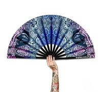 WONKIWEAR Fan, Folding Handheld, Glow UV Reactive Design, Large Strong Black Bamboo. Unisex for Raves, Festivals, Concerts, Drag, Gay Pride (UV Techno Tribe, Large)