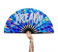 WONKIWEAR Fan, Folding Handheld, Glow UV Reactive Design, Large Strong Black Bamboo. Unisex for Raves, Festivals, Concerts, Drag, Gay Pride (UV Freaky, Large)