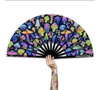 WONKIWEAR Fan, Folding Handheld, Glow UV Reactive Design, Large Strong Black Bamboo. Unisex for Raves, Festivals, Concerts, Drag, Gay Pride (UV Rainbow Mushrooms, Large)