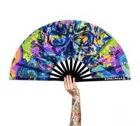 WONKIWEAR Fan, Folding Handheld, Glow UV Reactive Design, Large Strong Black Bamboo. Unisex for Raves, Festivals, Concerts, Drag, Gay Pride (UV Skull and Bass, Large)