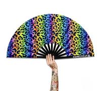 WONKIWEAR Fan, Folding Handheld, Glow UV Reactive Design, Large Strong Black Bamboo. Unisex for Raves, Festivals, Concerts, Drag, Gay Pride (UV Rainbow Leopard, Large)