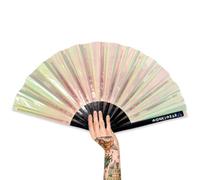 WONKIWEAR Fan, Folding Handheld, Iridescent, Holographic, Large Strong Black Bamboo. Unisex for Rave, Festival, Concert, Drag, Gay Pride (Pearl Iridescent, Large)