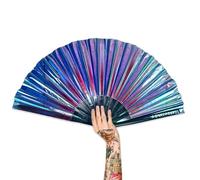WONKIWEAR Fan, Folding Handheld, Iridescent, Holographic, Large Strong Black Bamboo. Unisex for Rave, Festival, Concert, Drag, Gay Pride (Blue Iridescent, Large)