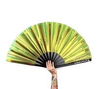 WONKIWEAR Fan, Folding Handheld, Iridescent, Holographic, Large Strong Black Bamboo. Unisex for Rave, Festival, Concert, Drag, Gay Pride (Yellow Iridescent, Large)