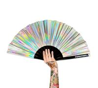 WONKIWEAR Fan, Folding Handheld, Iridescent, Holographic, Large Strong Black Bamboo. Unisex for Rave, Festival, Concert, Drag, Gay Pride (Silver Iridescent, Large)