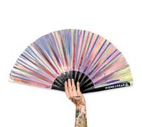 WONKIWEAR Fan, Folding Handheld, Iridescent, Holographic, Large Strong Black Bamboo. Unisex for Rave, Festival, Concert, Drag, Gay Pride (Mermaid Iridescent, Medium)