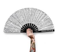 WONKIWEAR Fan, Folding Handheld, Luxury Glitter, Large Strong Black Bamboo. Unisex for Raves, Festivals, Concerts, Drag, Pride (Silver Glitter & Holster, Large)