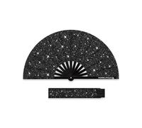 WONKIWEAR Fan, Folding Handheld, Luxury Glitter, Large Strong Black Bamboo. Unisex for Raves, Festivals, Concerts, Drag, Pride (Black Glitter & Holster, Large)