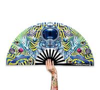 WONKIWEAR Fan, Folding Handheld, Silky Fabric, Astronaut Graphics, Large Strong Black Bamboo. Unisex for Rave, Festival, Concert, Drag, Gay Pride (Astronaut Silky, Large)