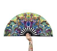 WONKIWEAR Fan, Folding Handheld, Silky Fabric, Mushrooms Design, Large Strong Black Bamboo. Unisex for Rave, Festival, Concert, Drag, Gay Pride (Mushrooms Silky, Large)
