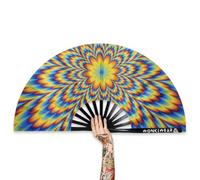WONKIWEAR Fan, Folding Handheld, Silky Fabric, Trippy Psychedelic Design, Large Strong Black Bamboo. Unisex for Rave, Festival, Concert, Drag, Gay Pride (Psychedelic Silky, Large)