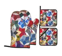 Wonky Star Quilt Oven Mitts and Pot Holders 4 Pcs, High Heat Resistant 500 Degree Kitchen Oven Glove for Baking Cooking