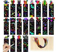 wonloong Scratch Art for Kids - 48 Pcs Magic Rainbow Bookmarks for Children Animal Craft DIY Scratch Paper Art Tags 24 Pcs Bamboo Stylus and 48Pcs Ribbons for Classroom Birthday Gifts and Party