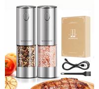 WONMAKE Electric Salt and Pepper Grinder Set, USB Rechargeable Salt and Pepper Grinder Set, Ceramic Grind and Adjustable Coarseness, with LED Light, Stainless Steel