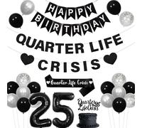 Wonmelody 25th Birthday Decor for Women Black Quarter Life Crisis Banner Garlands Sash Black Happy Birthday Banner 25th Birthday Cake Toppers Cheering 25th Supplies for Funny Twenty Fine Birthday